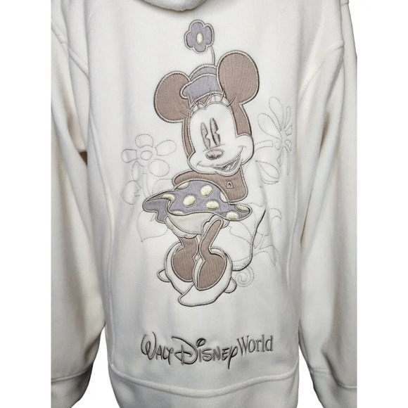 Walt Disney World Parks Authentic Minnie Mouse Cream Sweatshirt Hooded Zip XL - Picture 1 of 11
